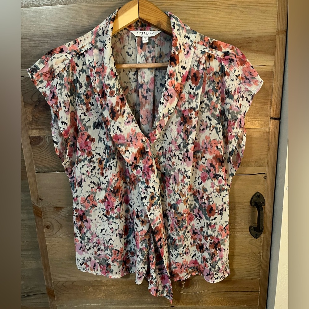 Liverpool Women's Floral Shawl collar to V-Neck Blouse - Pink Multi
